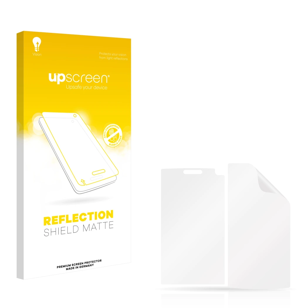 Vorderseite einer Produktverpackung mit dem Markenlogo upscreen. Daneben ist der zugehörige Displayschutz.