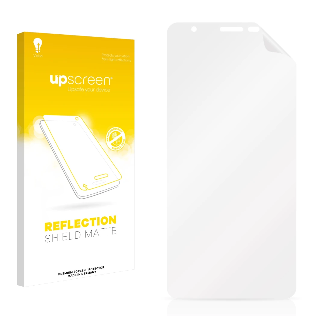Vorderseite einer Produktverpackung mit dem Markenlogo upscreen. Daneben ist der zugehörige Displayschutz.