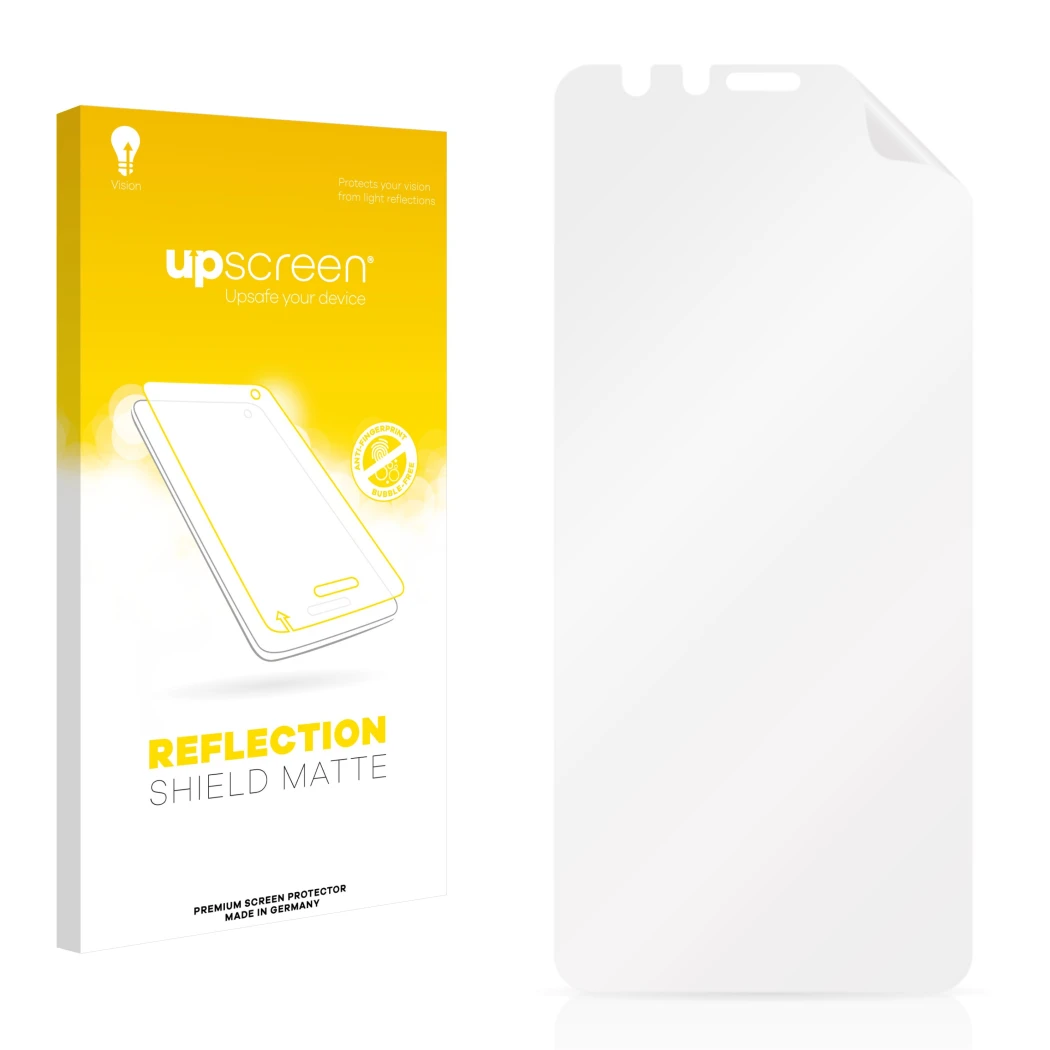 Vorderseite einer Produktverpackung mit dem Markenlogo upscreen. Daneben ist der zugehörige Displayschutz.