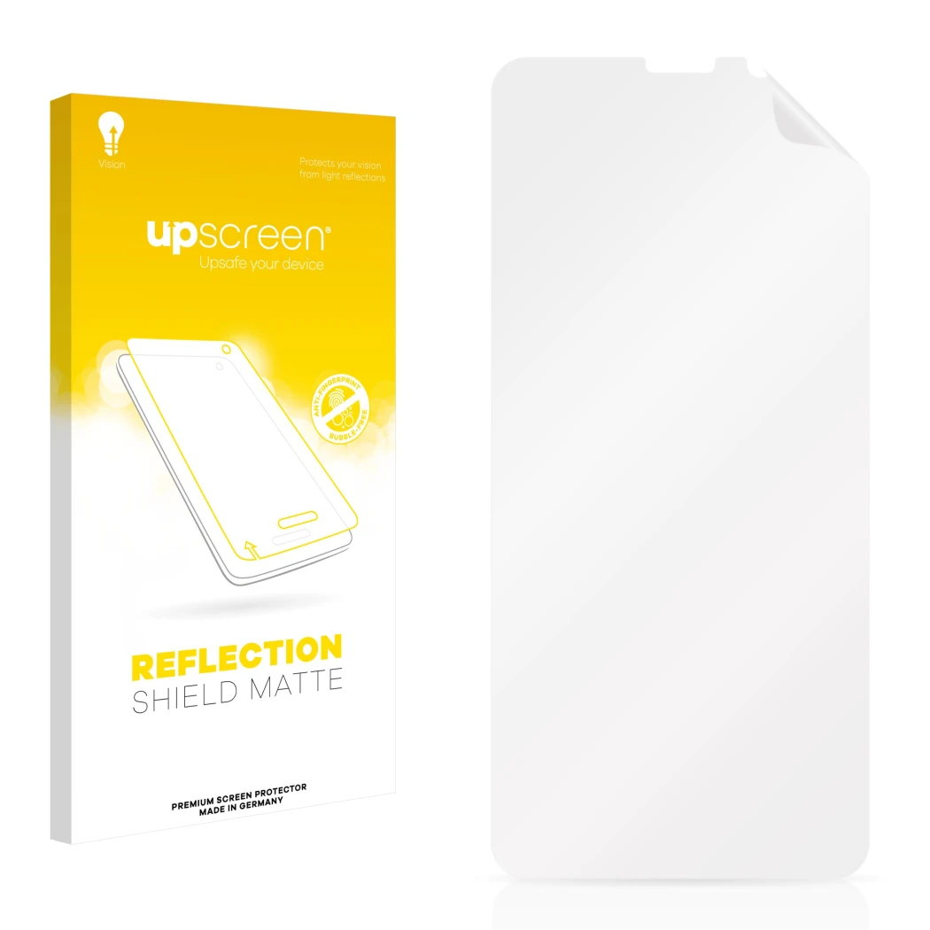 Vorderseite einer Produktverpackung mit dem Markenlogo upscreen. Daneben ist der zugehörige Displayschutz.