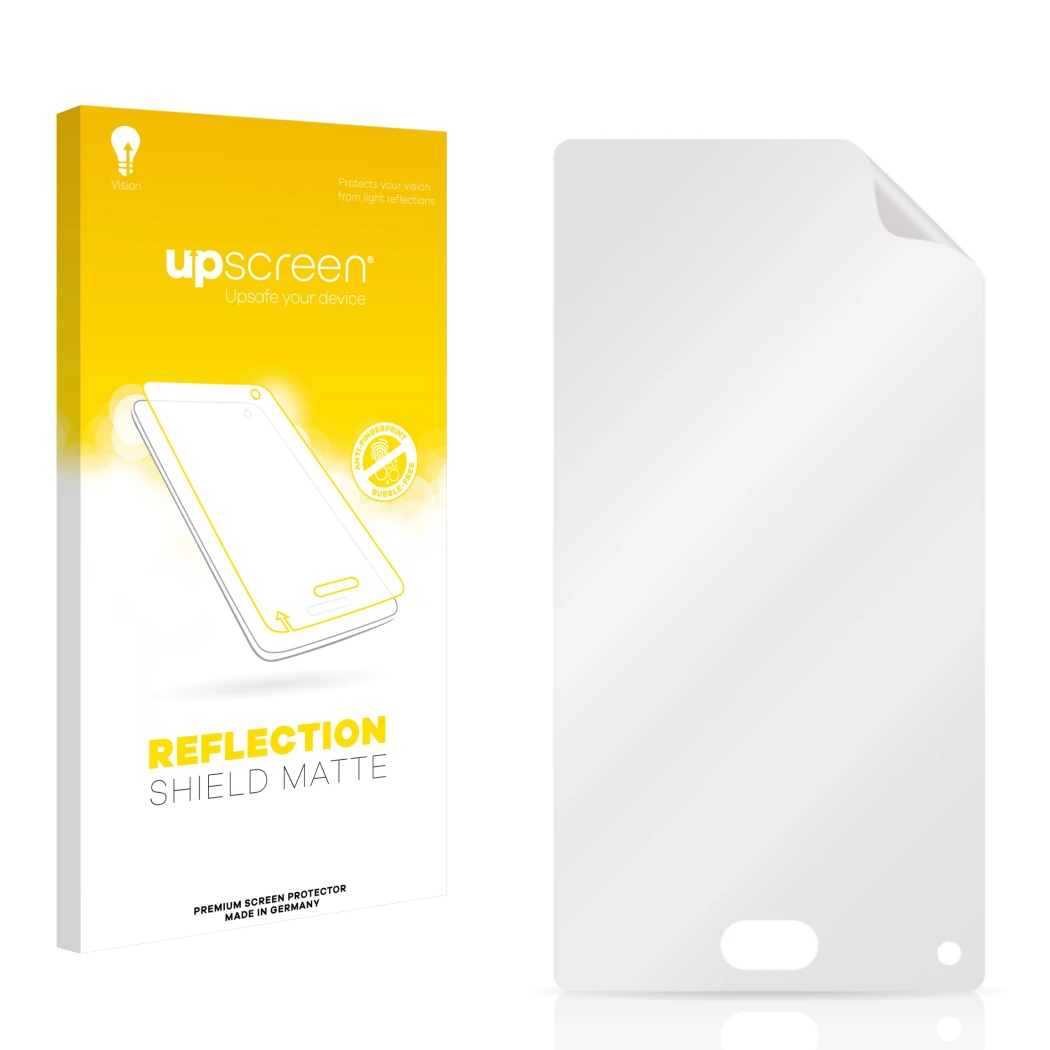 Vorderseite einer Produktverpackung mit dem Markenlogo upscreen. Daneben ist der zugehörige Displayschutz.
