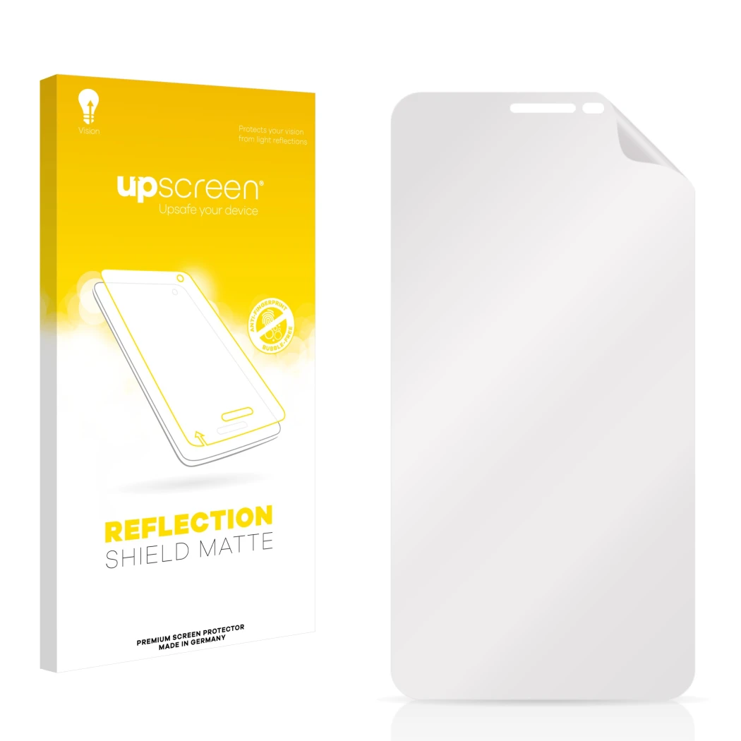 Vorderseite einer Produktverpackung mit dem Markenlogo upscreen. Daneben ist der zugehörige Displayschutz.