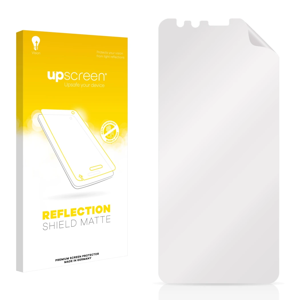 Vorderseite einer Produktverpackung mit dem Markenlogo upscreen. Daneben ist der zugehörige Displayschutz.