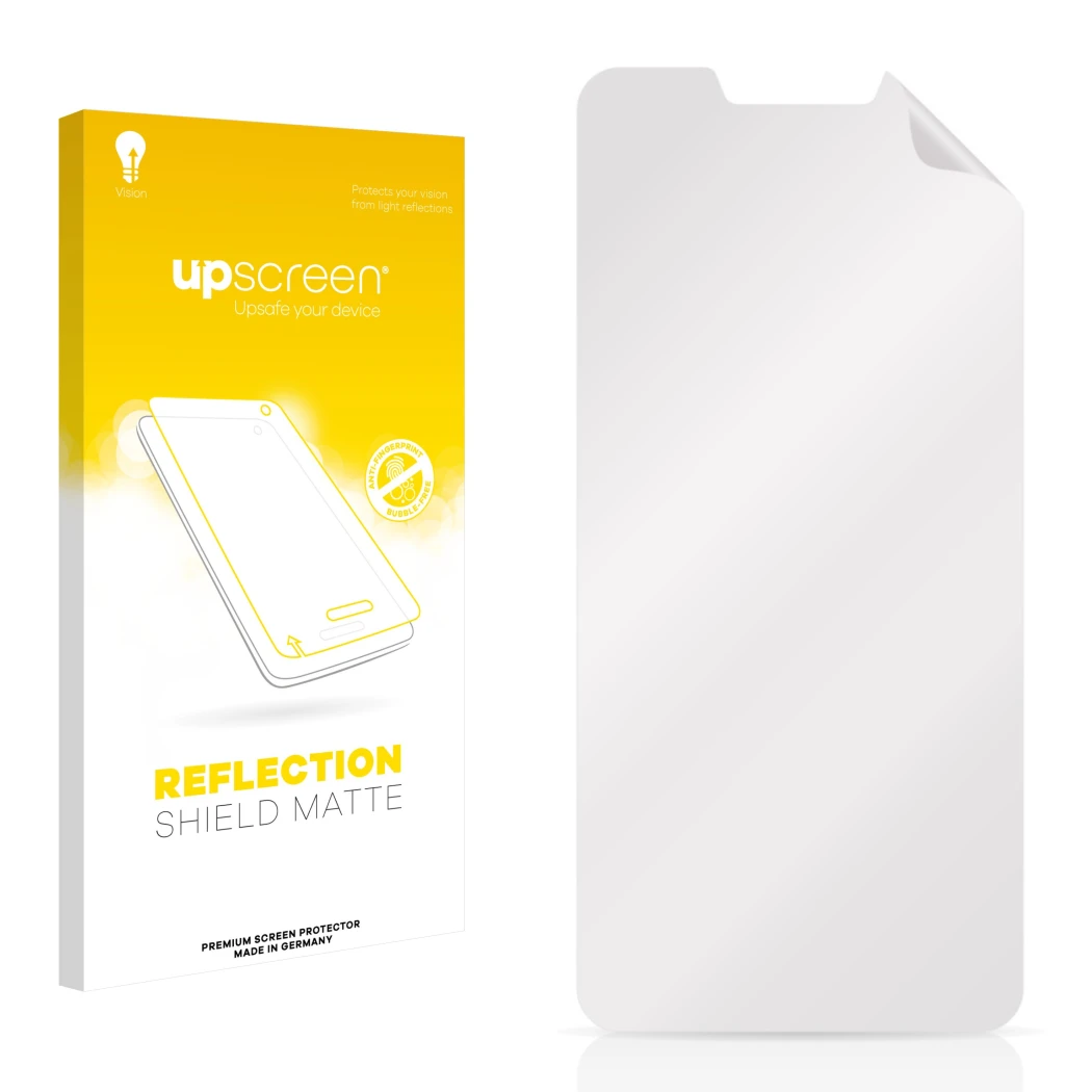 Vorderseite einer Produktverpackung mit dem Markenlogo upscreen. Daneben ist der zugehörige Displayschutz.