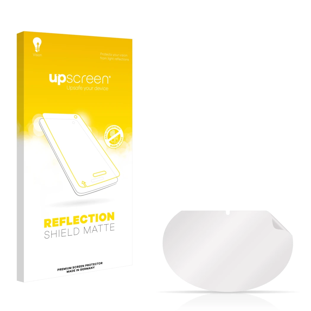 Vorderseite einer Produktverpackung mit dem Markenlogo upscreen. Daneben ist der zugehörige Displayschutz.