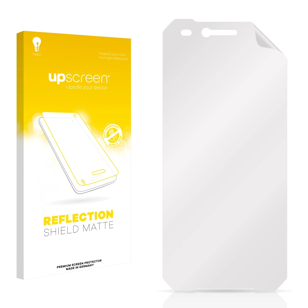 Vorderseite einer Produktverpackung mit dem Markenlogo upscreen. Daneben ist der zugehörige Displayschutz.