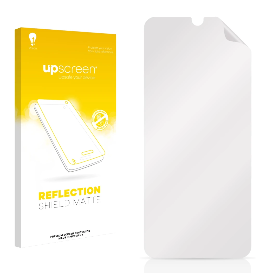 Vorderseite einer Produktverpackung mit dem Markenlogo upscreen. Daneben ist der zugehörige Displayschutz.