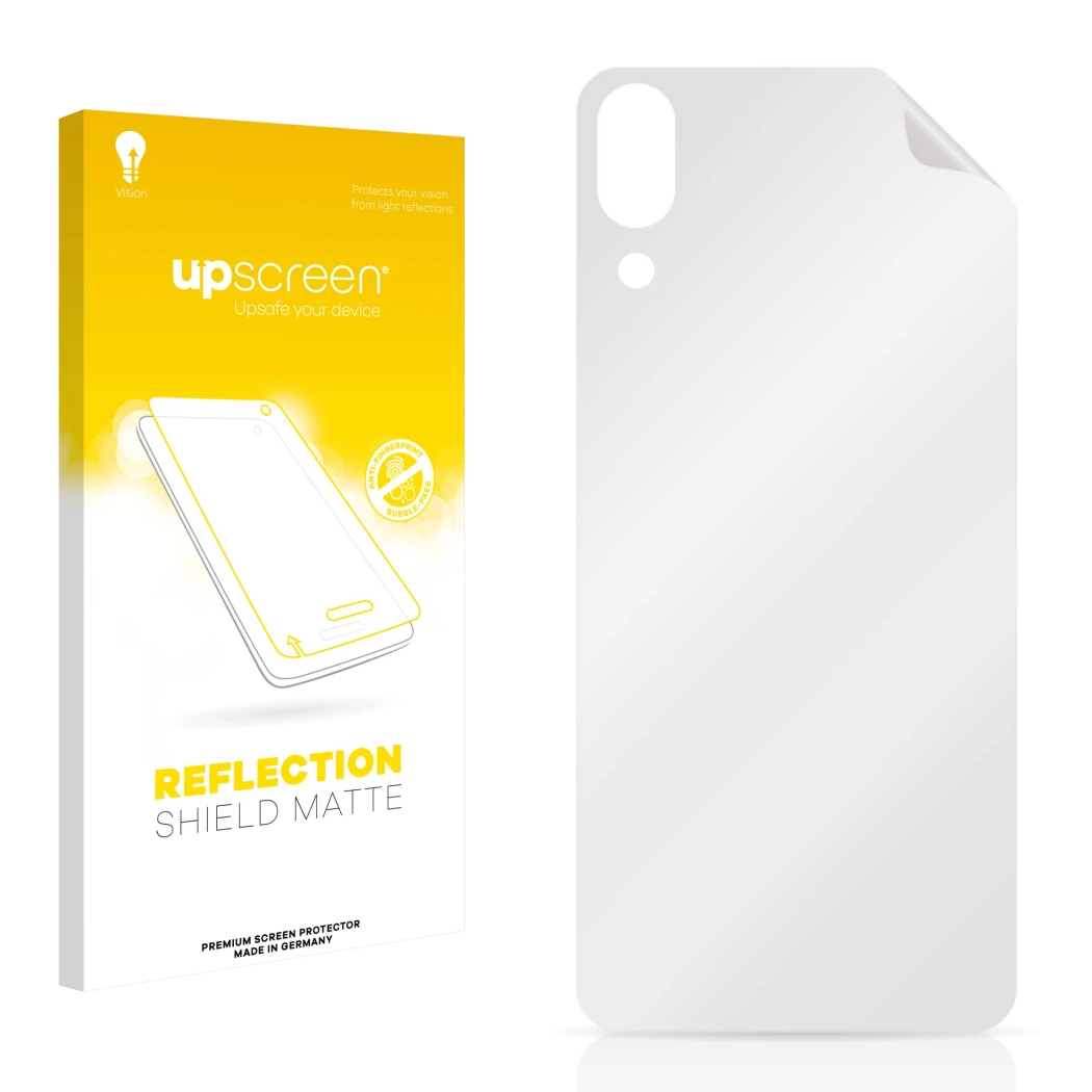 Vorderseite einer Produktverpackung mit dem Markenlogo upscreen. Daneben ist der zugehörige Displayschutz.