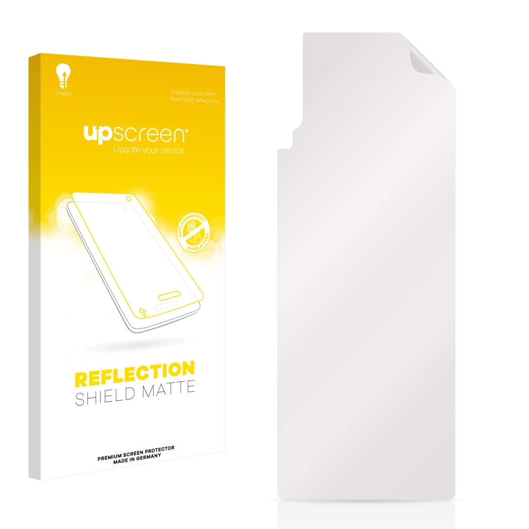 Vorderseite einer Produktverpackung mit dem Markenlogo upscreen. Daneben ist der zugehörige Displayschutz.