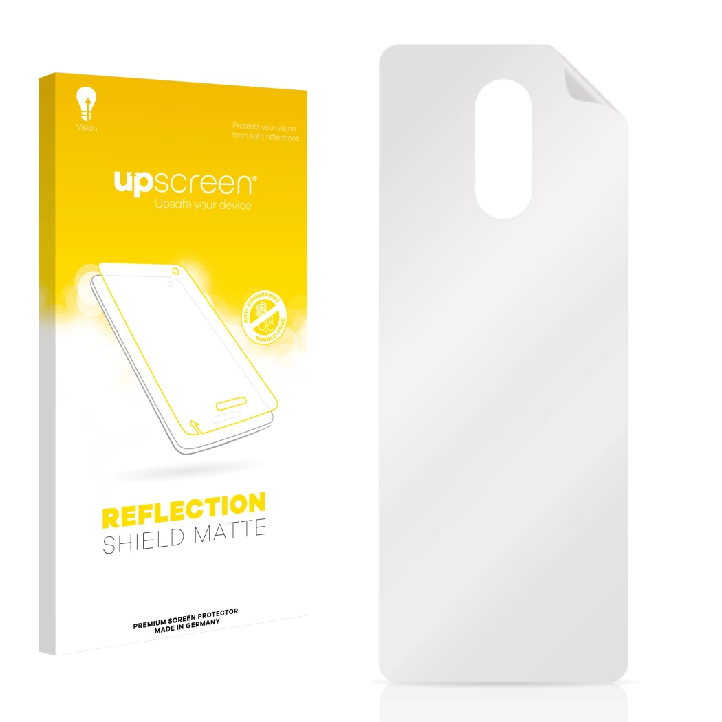 Vorderseite einer Produktverpackung mit dem Markenlogo upscreen. Daneben ist der zugehörige Displayschutz.
