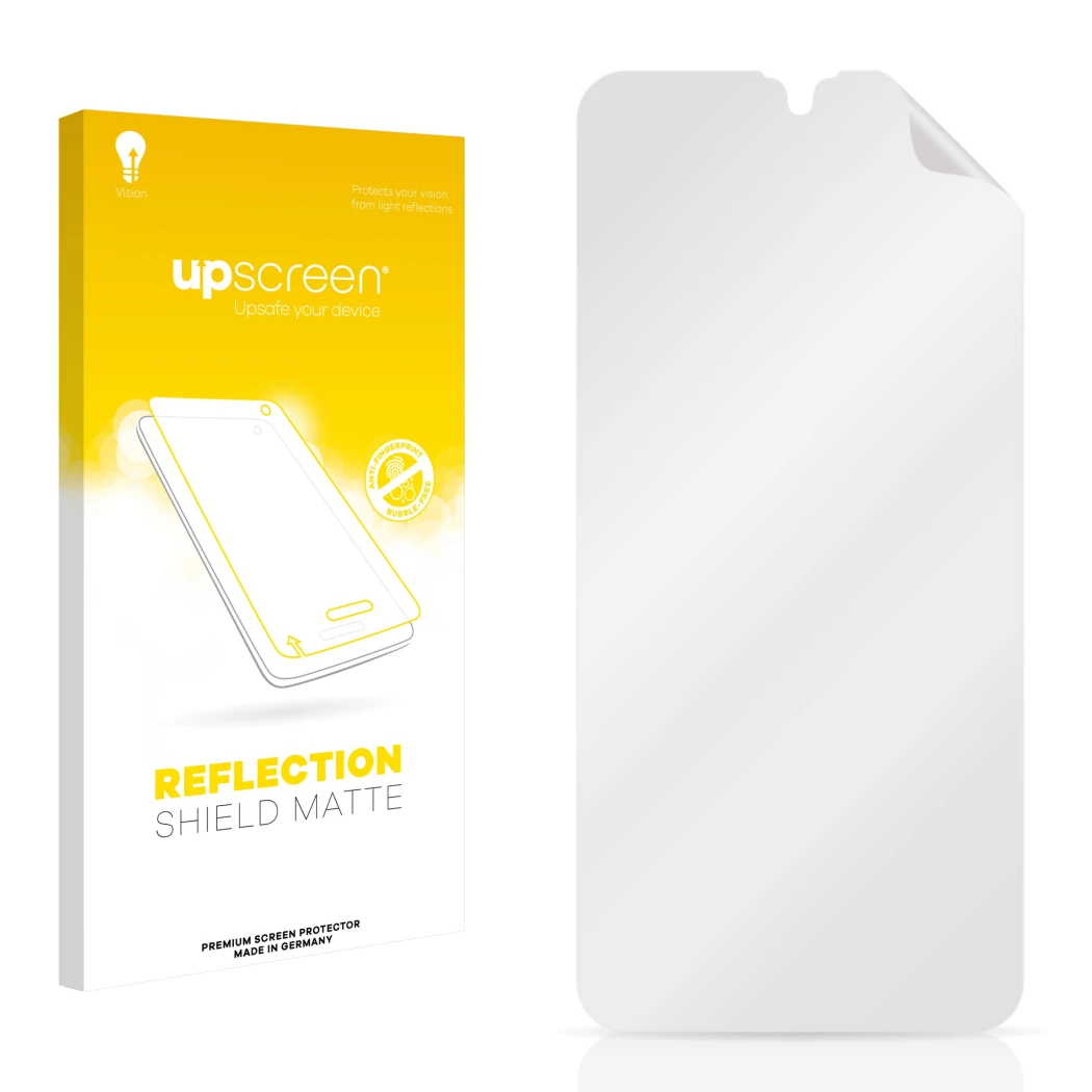Vorderseite einer Produktverpackung mit dem Markenlogo upscreen. Daneben ist der zugehörige Displayschutz.