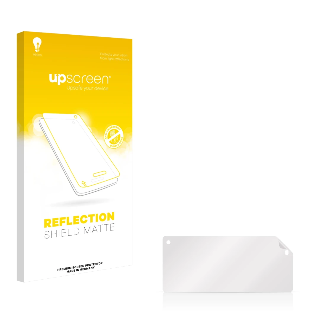 Vorderseite einer Produktverpackung mit dem Markenlogo upscreen. Daneben ist der zugehörige Displayschutz.