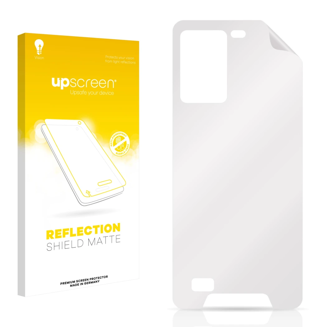 Vorderseite einer Produktverpackung mit dem Markenlogo upscreen. Daneben ist der zugehörige Displayschutz.