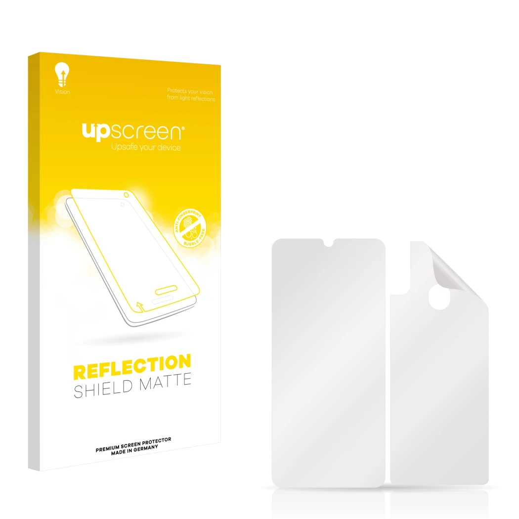 Vorderseite einer Produktverpackung mit dem Markenlogo upscreen. Daneben ist der zugehörige Displayschutz.