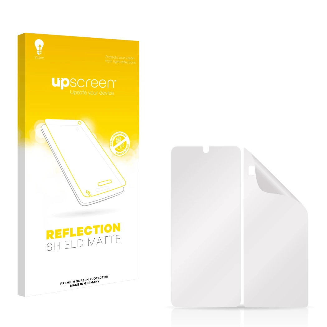 Vorderseite einer Produktverpackung mit dem Markenlogo upscreen. Daneben ist der zugehörige Displayschutz.