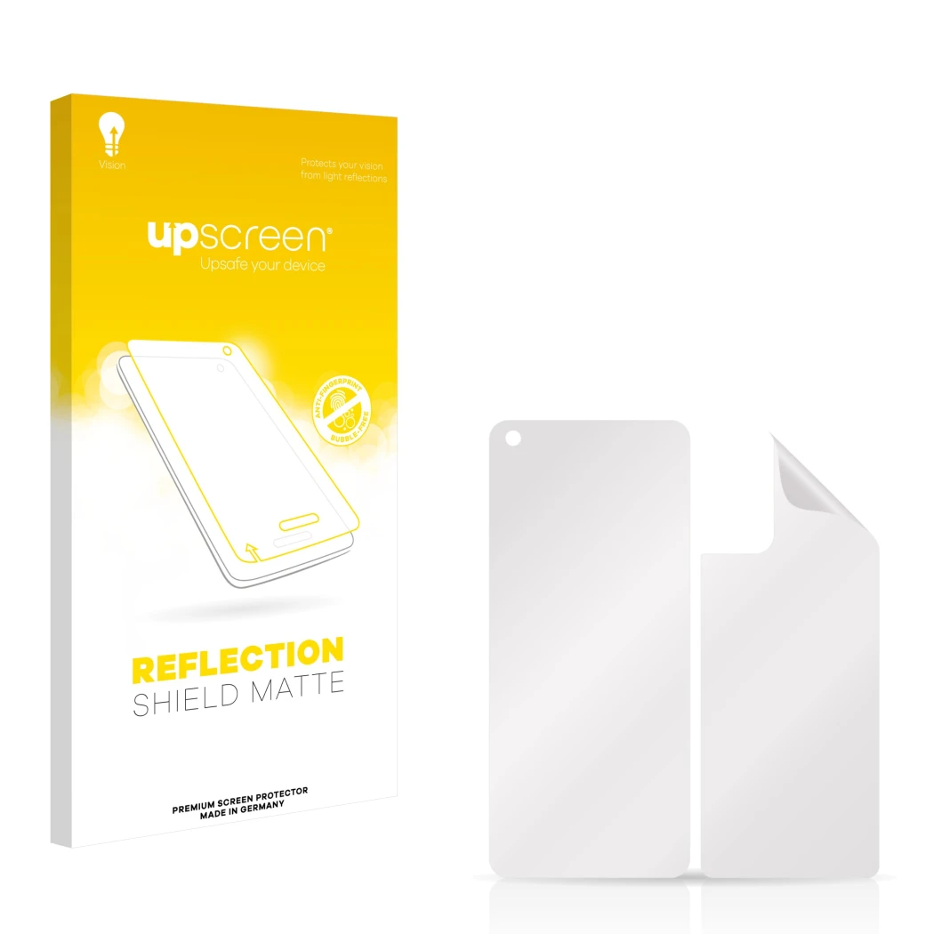 Vorderseite einer Produktverpackung mit dem Markenlogo upscreen. Daneben ist der zugehörige Displayschutz.