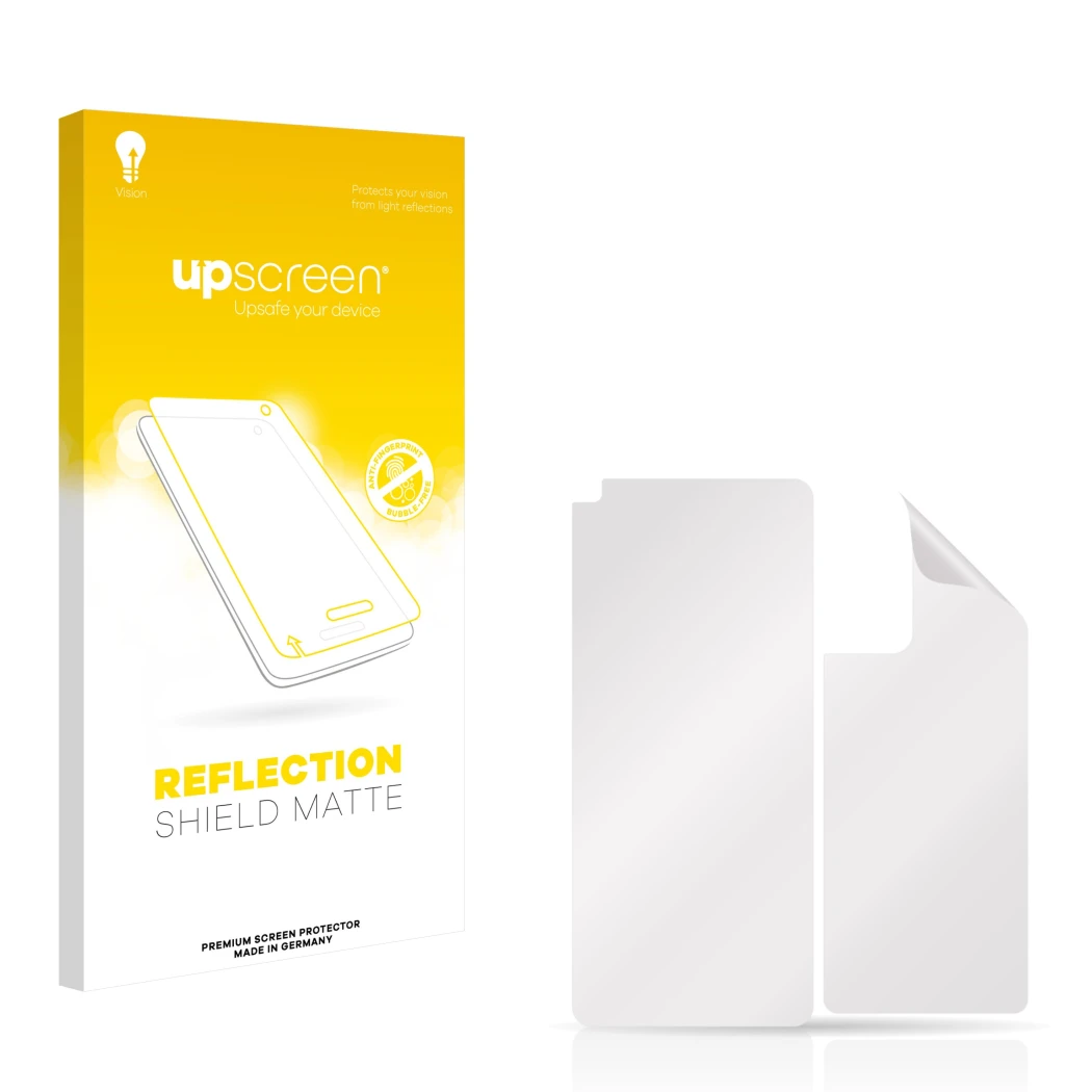 Vorderseite einer Produktverpackung mit dem Markenlogo upscreen. Daneben ist der zugehörige Displayschutz.