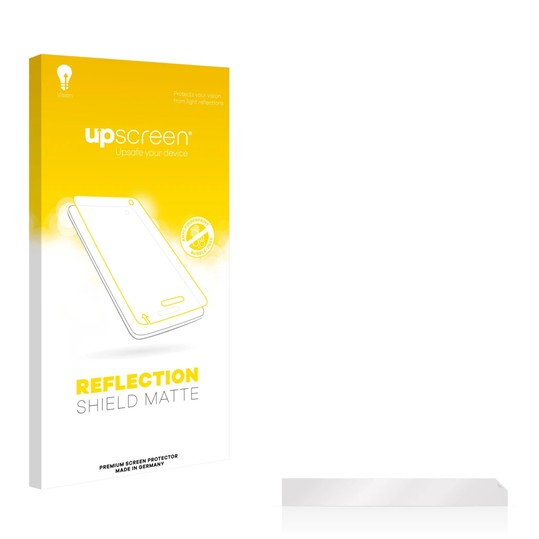 Vorderseite einer Produktverpackung mit dem Markenlogo upscreen. Daneben ist der zugehörige Displayschutz.
