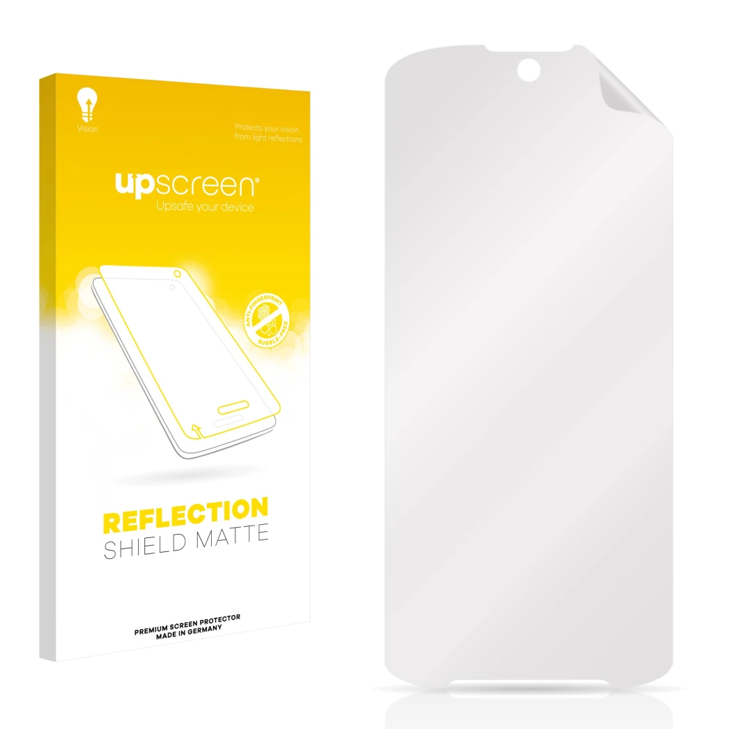 Vorderseite einer Produktverpackung mit dem Markenlogo upscreen. Daneben ist der zugehörige Displayschutz.