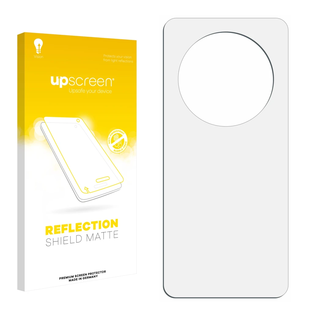 Vorderseite einer Produktverpackung mit dem Markenlogo upscreen. Daneben ist der zugehörige Displayschutz.