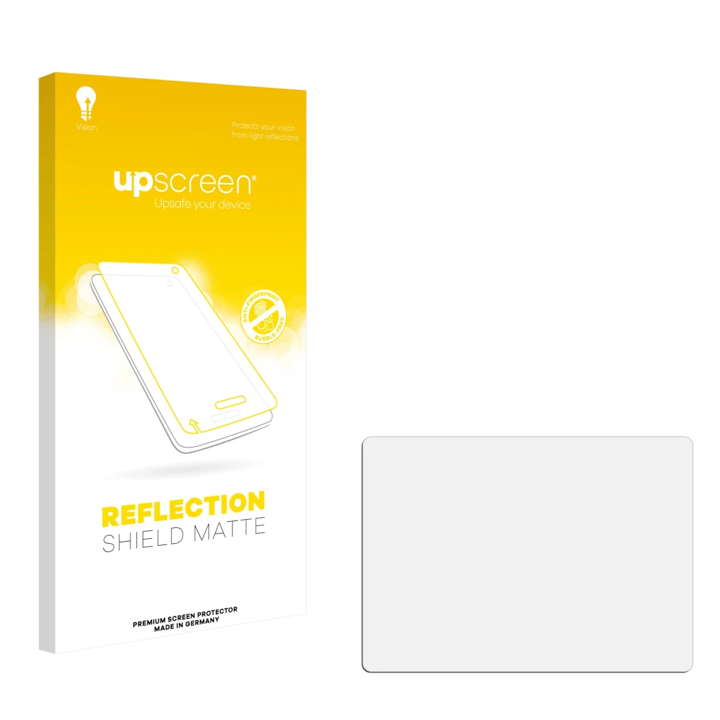 Vorderseite einer Produktverpackung mit dem Markenlogo upscreen. Daneben ist der zugehörige Displayschutz.