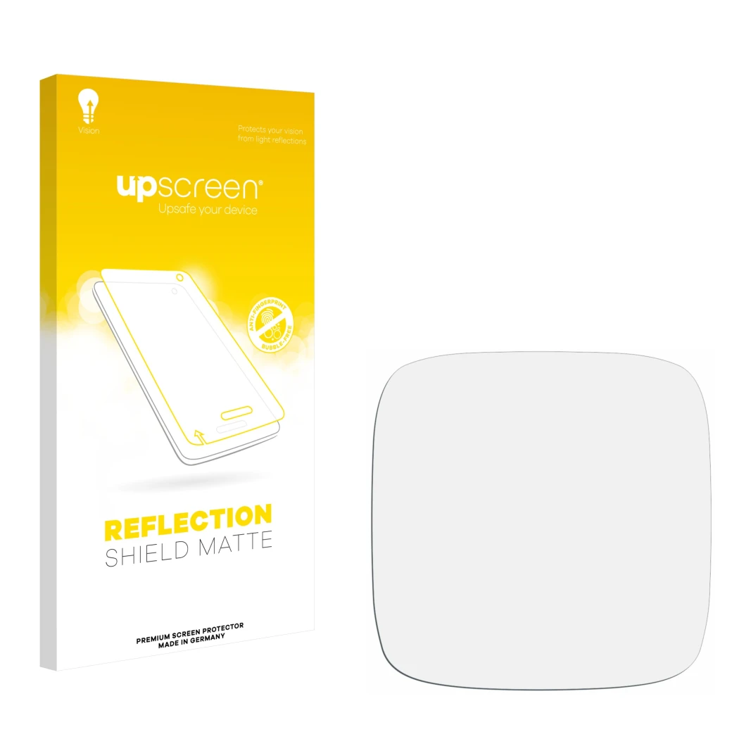 Vorderseite einer Produktverpackung mit dem Markenlogo upscreen. Daneben ist der zugehörige Displayschutz.