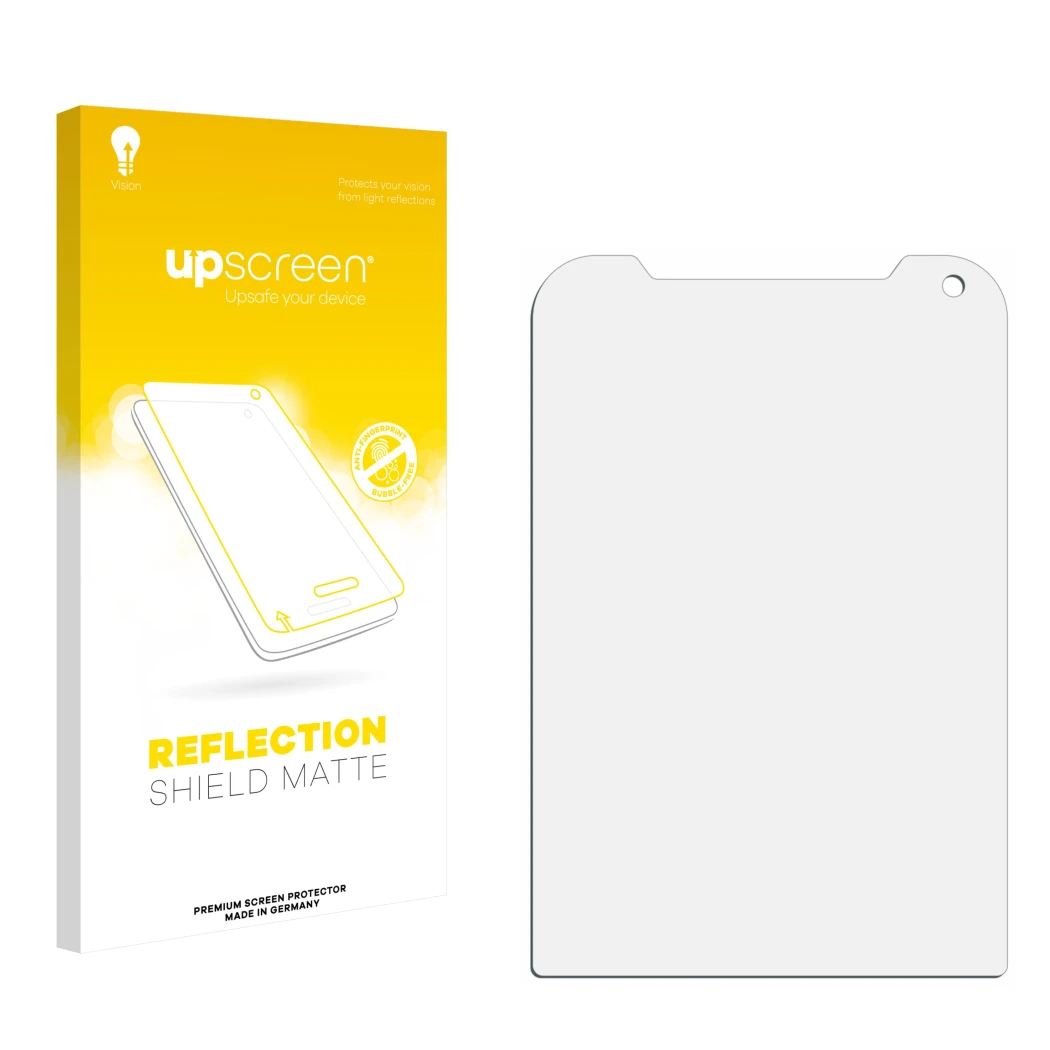 Vorderseite einer Produktverpackung mit dem Markenlogo upscreen. Daneben ist der zugehörige Displayschutz.