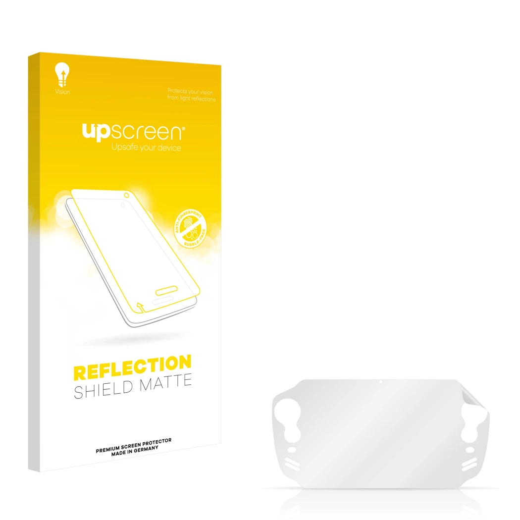 Vorderseite einer Produktverpackung mit dem Markenlogo upscreen. Daneben ist der zugehörige Displayschutz.