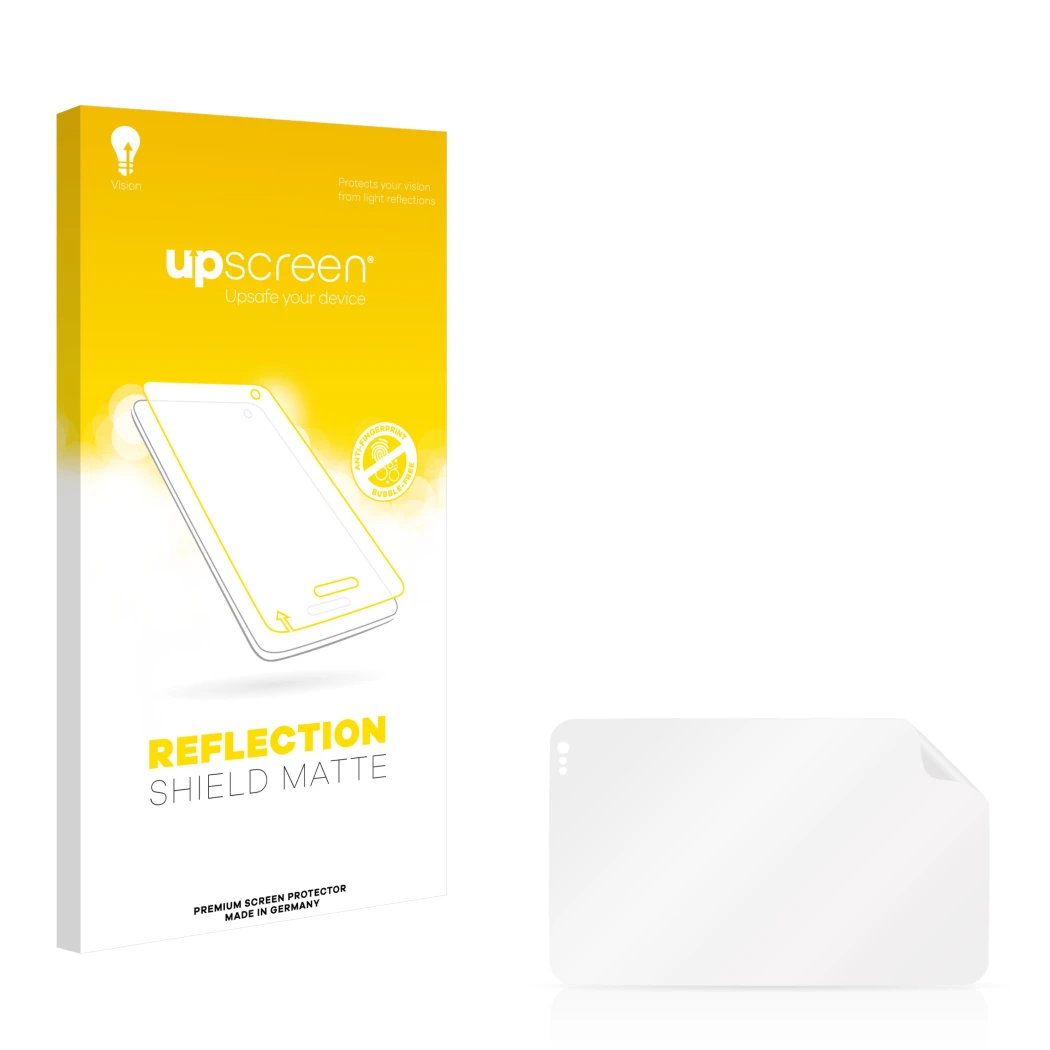 Vorderseite einer Produktverpackung mit dem Markenlogo upscreen. Daneben ist der zugehörige Displayschutz.