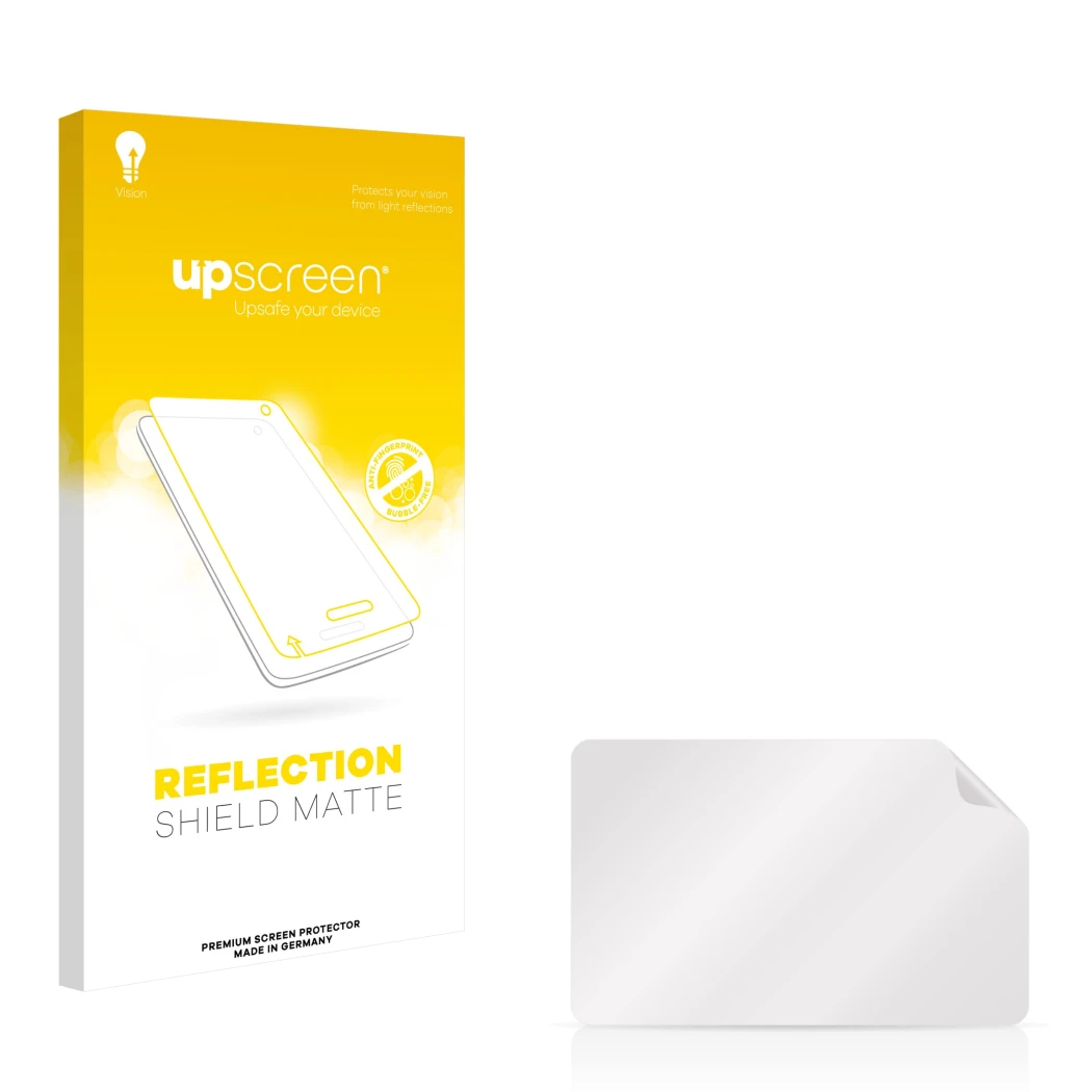 Vorderseite einer Produktverpackung mit dem Markenlogo upscreen. Daneben ist der zugehörige Displayschutz.