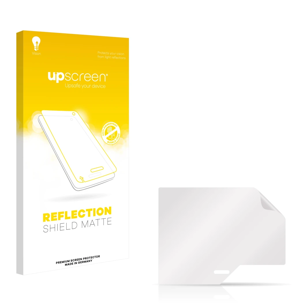 Vorderseite einer Produktverpackung mit dem Markenlogo upscreen. Daneben ist der zugehörige Displayschutz.