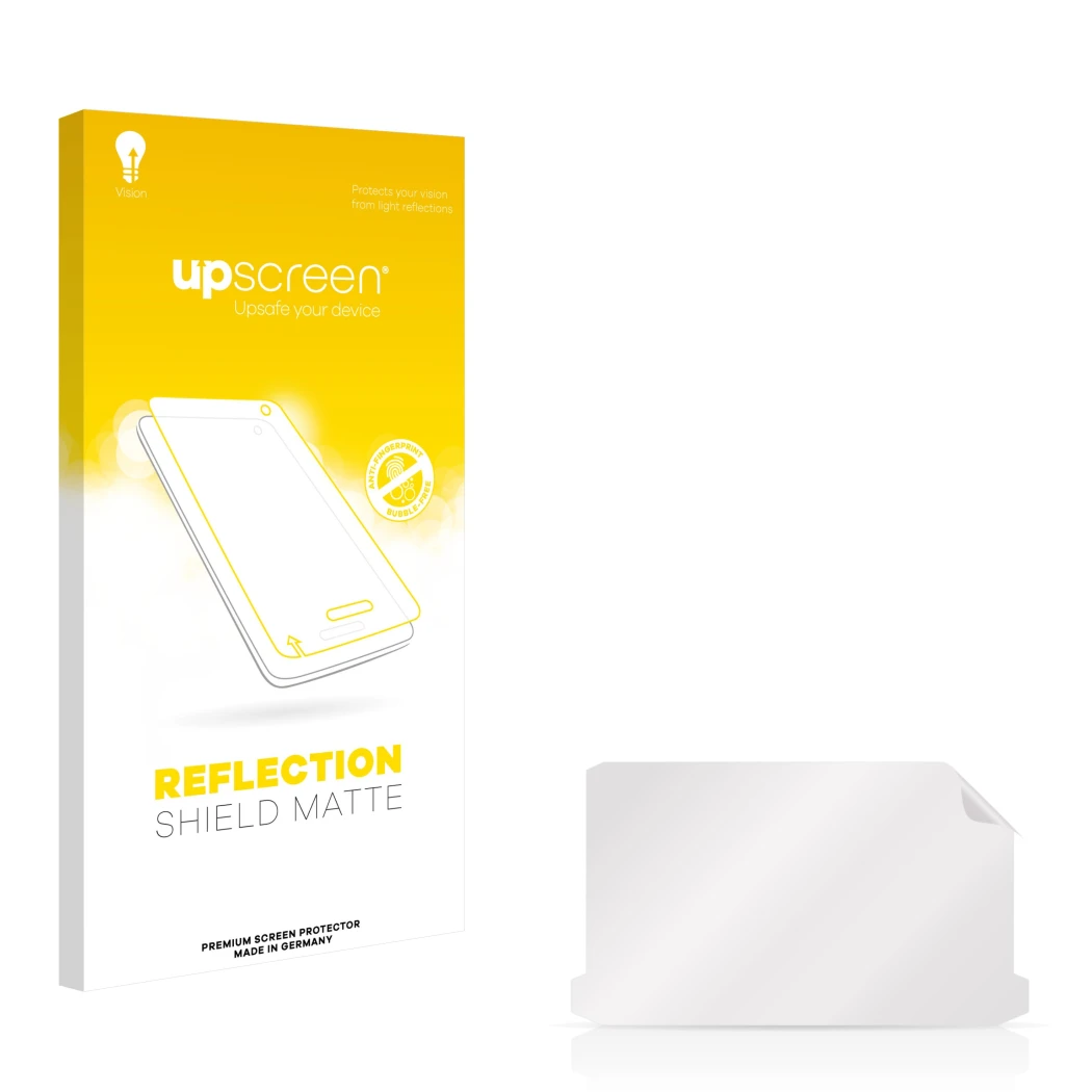 Vorderseite einer Produktverpackung mit dem Markenlogo upscreen. Daneben ist der zugehörige Displayschutz.
