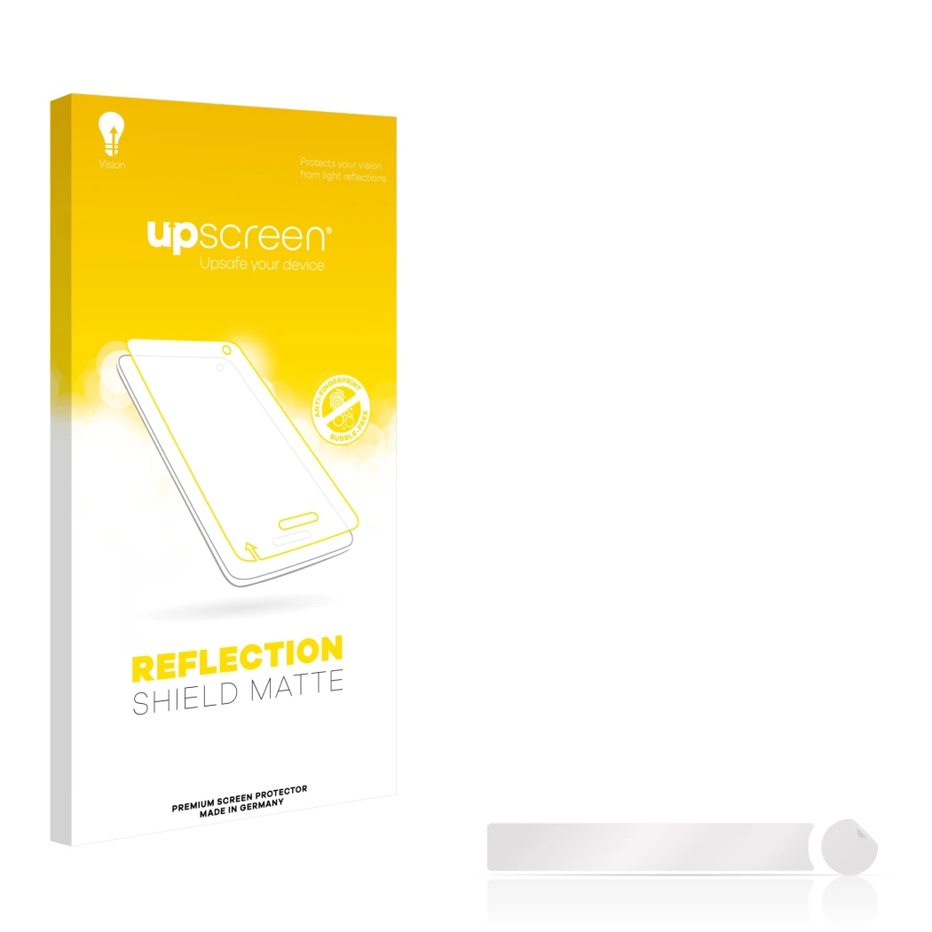 Vorderseite einer Produktverpackung mit dem Markenlogo upscreen. Daneben ist der zugehörige Displayschutz.