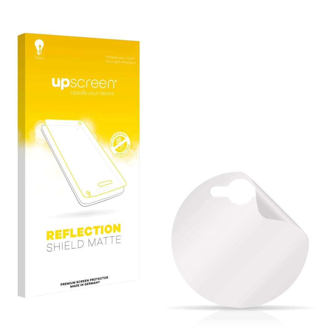 Vorderseite einer Produktverpackung mit dem Markenlogo upscreen. Daneben ist der zugehörige Displayschutz.