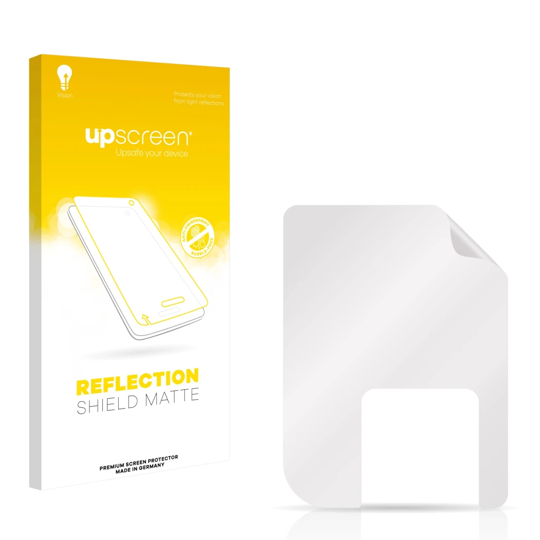 Vorderseite einer Produktverpackung mit dem Markenlogo upscreen. Daneben ist der zugehörige Displayschutz.