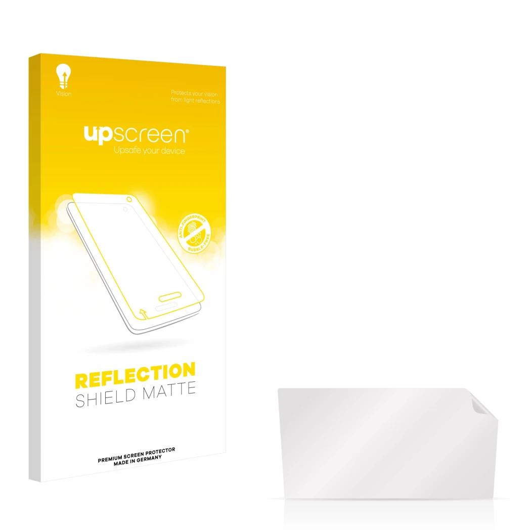 Vorderseite einer Produktverpackung mit dem Markenlogo upscreen. Daneben ist der zugehörige Displayschutz.