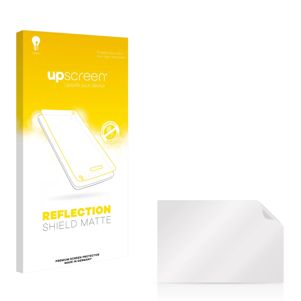 Vorderseite einer Produktverpackung mit dem Markenlogo upscreen. Daneben ist der zugehörige Displayschutz.
