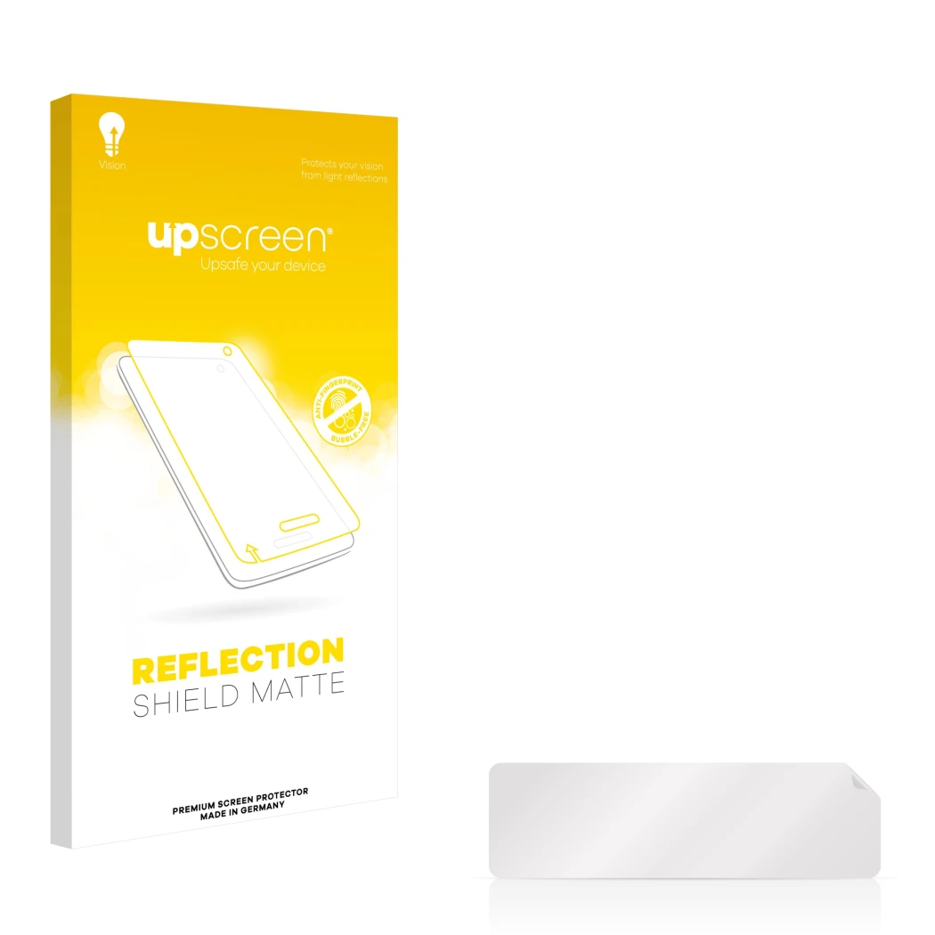 Vorderseite einer Produktverpackung mit dem Markenlogo upscreen. Daneben ist der zugehörige Displayschutz.