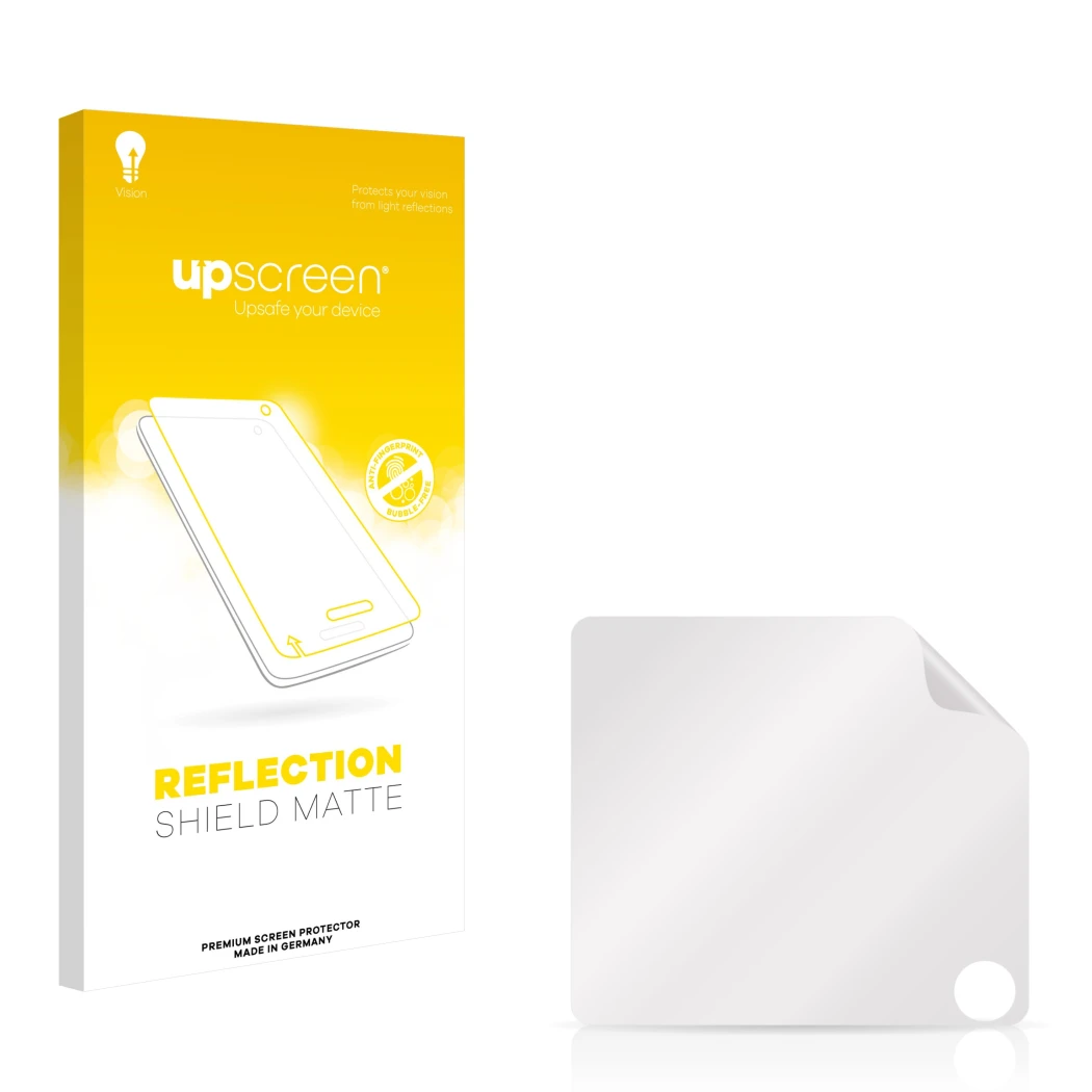 Vorderseite einer Produktverpackung mit dem Markenlogo upscreen. Daneben ist der zugehörige Displayschutz.