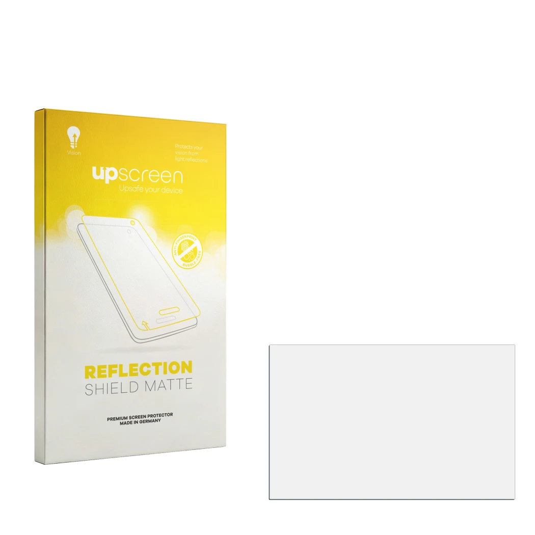 Vorderseite einer Produktverpackung mit dem Markenlogo upscreen. Daneben ist der zugehörige Displayschutz.