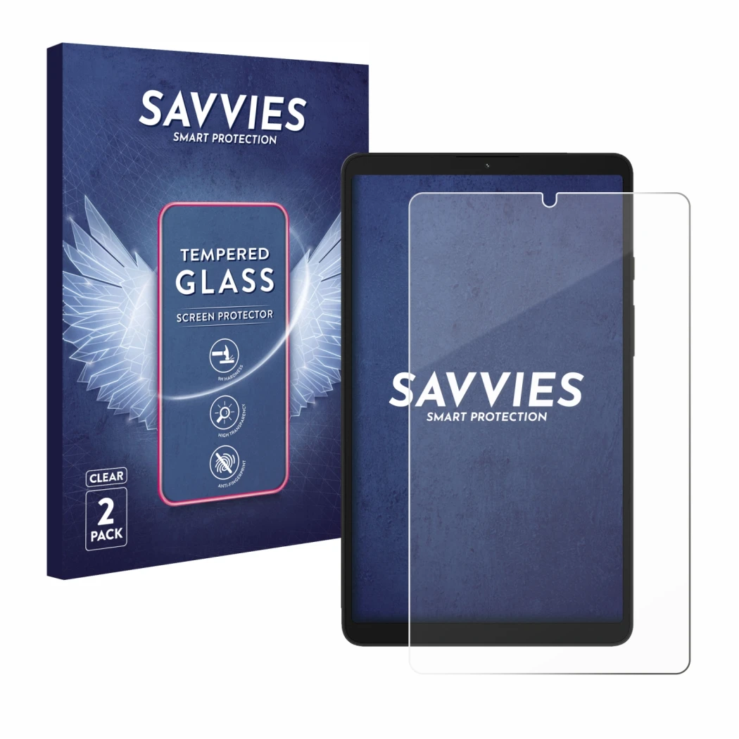 Vorderseite einer Produktverpackung mit dem Markenlogo Savvies. Daneben ist das Gerät Samsung Galaxy Tab A9 WiFi mit dem zugeh