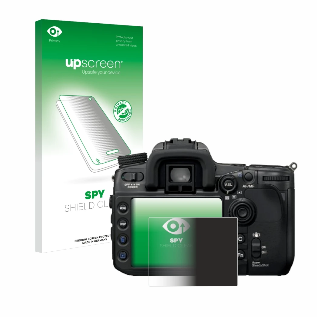 Vorderseite einer Produktverpackung mit dem Markenlogo upscreen. Daneben ist das Gerät Sony Alpha 700 (DSLR-A700) mit dem zuge
