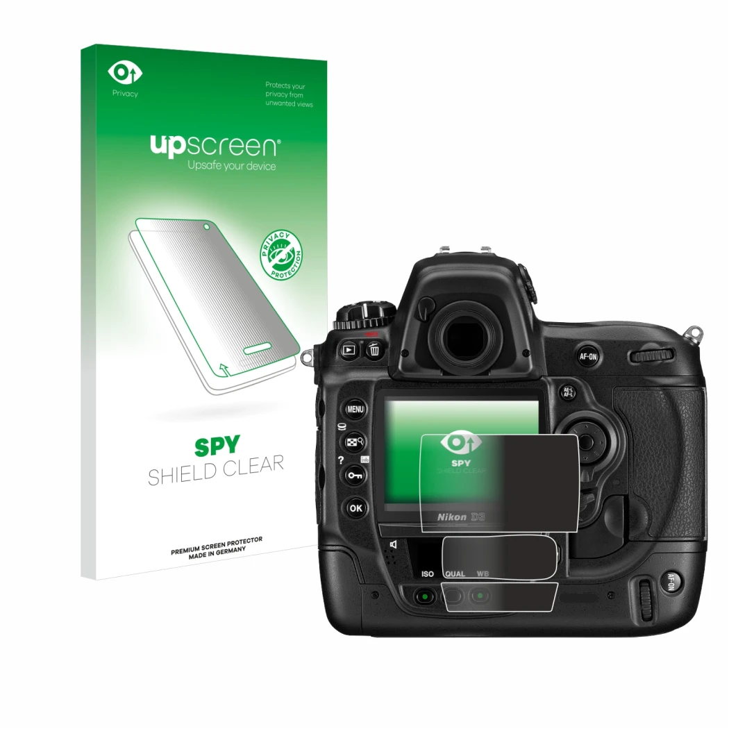 Vorderseite einer Produktverpackung mit dem Markenlogo upscreen. Daneben ist das Gerät Nikon D3 mit dem zugehörigen Displaysch