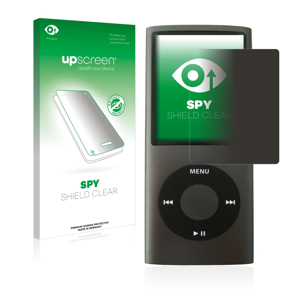 Vorderseite einer Produktverpackung mit dem Markenlogo upscreen. Daneben ist das Gerät Apple iPod nano (4. Gen.) mit dem zugeh