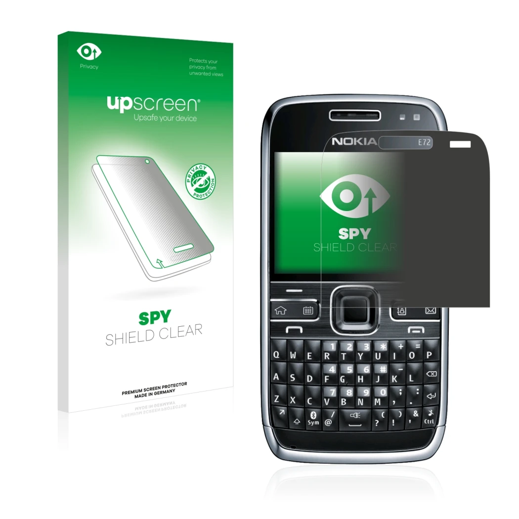 Vorderseite einer Produktverpackung mit dem Markenlogo upscreen. Daneben ist das Gerät Nokia E72 mit dem zugehörigen Displaysc