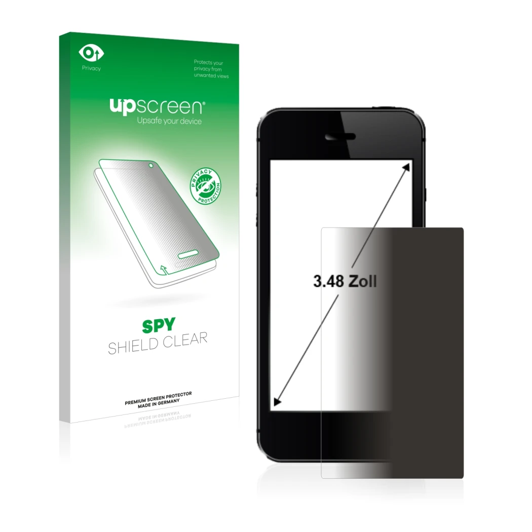 Vorderseite einer Produktverpackung mit dem Markenlogo upscreen. Daneben ist das Gerät mit dem zugehörigen Displayschutz abgeb