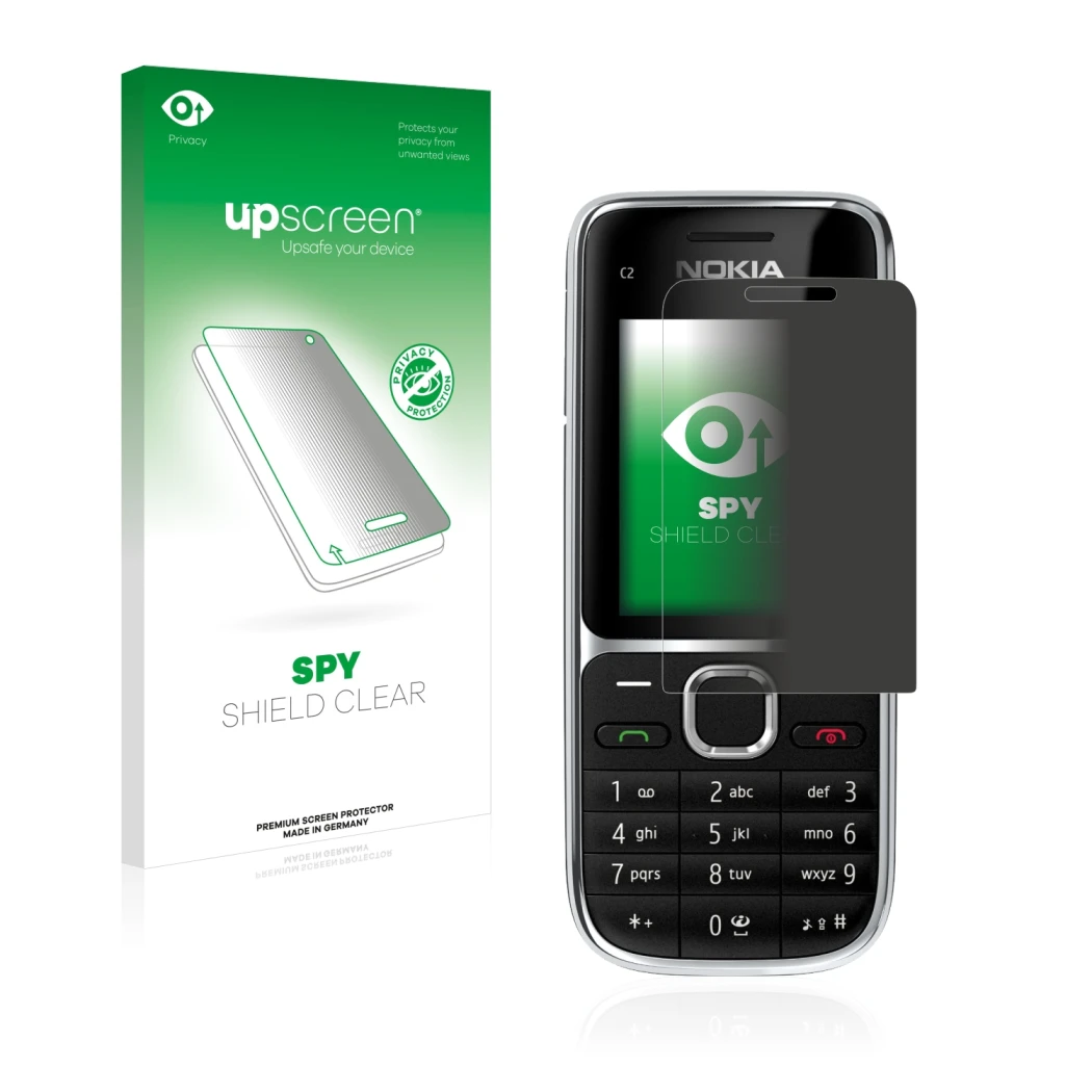 Vorderseite einer Produktverpackung mit dem Markenlogo upscreen. Daneben ist das Gerät Nokia C2-01 mit dem zugehörigen Display
