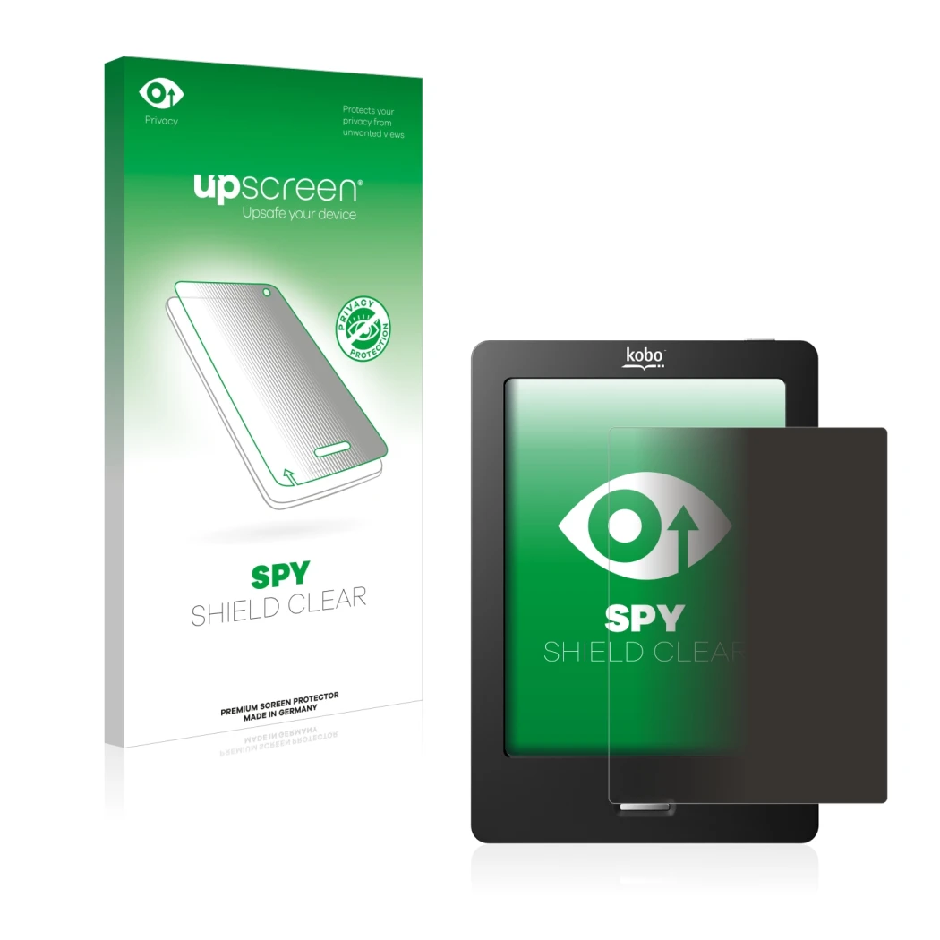 Vorderseite einer Produktverpackung mit dem Markenlogo upscreen. Daneben ist das Gerät Kobo eReader Touch mit dem zugehörigen