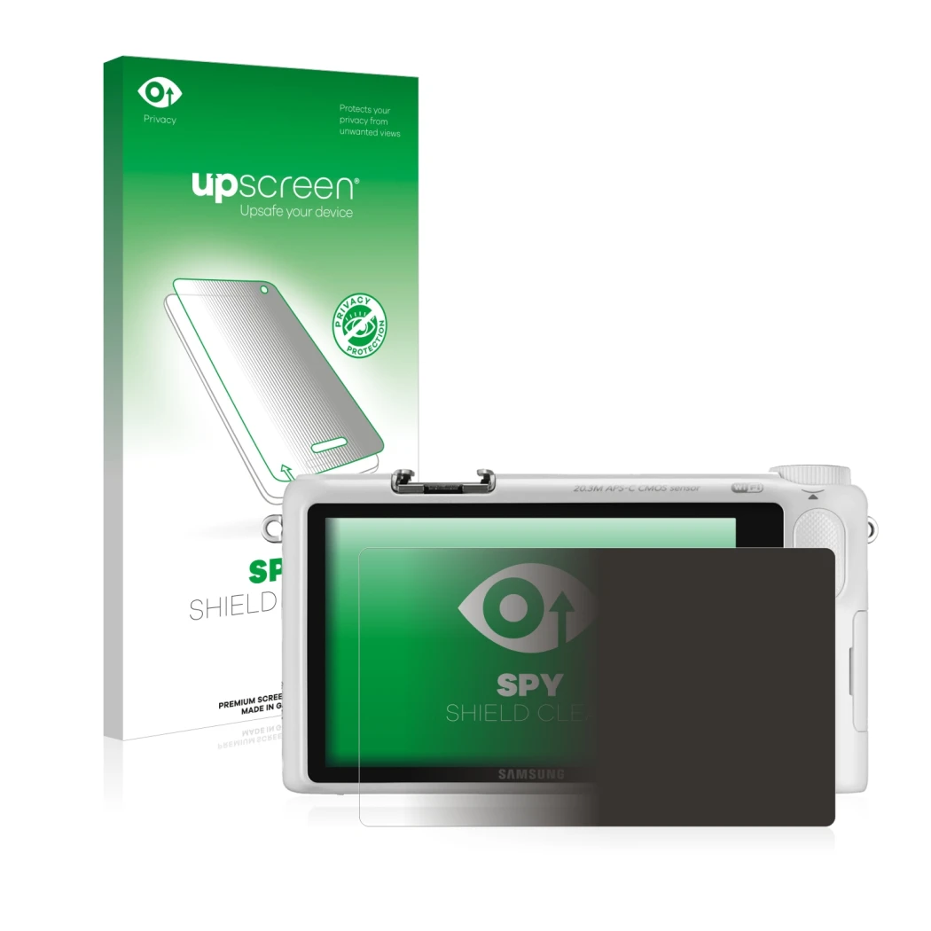 Vorderseite einer Produktverpackung mit dem Markenlogo upscreen. Daneben ist das Gerät Samsung NX2000 mit dem zugehörigen Disp