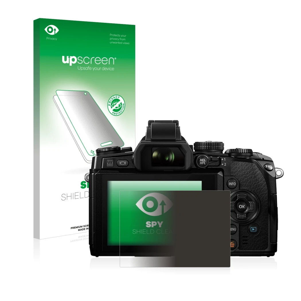 Vorderseite einer Produktverpackung mit dem Markenlogo upscreen. Daneben ist das Gerät Olympus OM-D E-M1 mit dem zugehörigen D